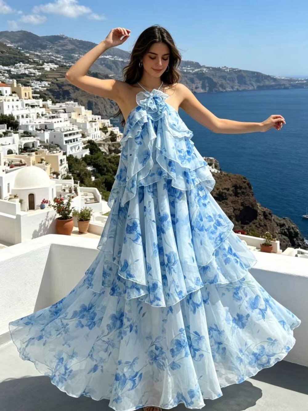 Blue Watercolor Floral Halter Dress - Picture 3 of 4